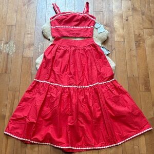 Japna cotton 2-piece set, crop top and full skirt, red with ivory trim, small